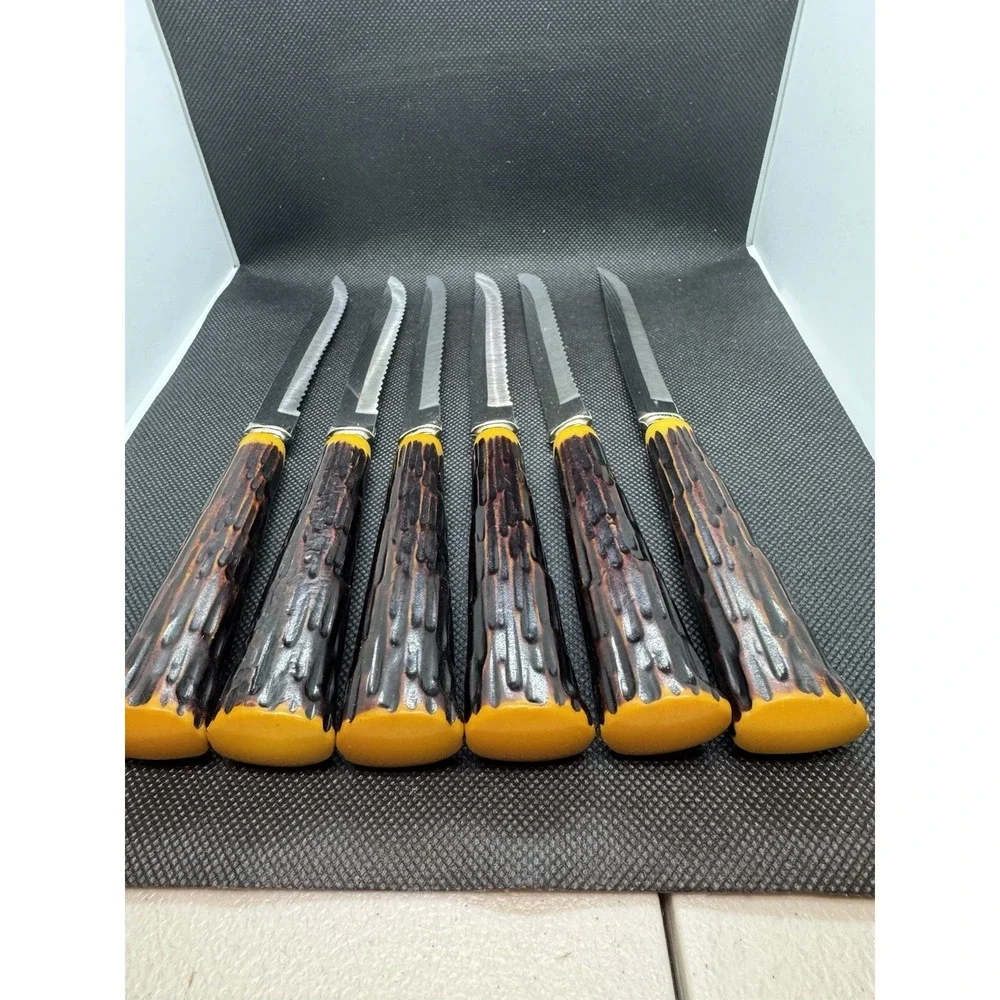 Vintage Forgecraft USA Steak Knives Set of 6 Faux Stag Drip Handle Stainless